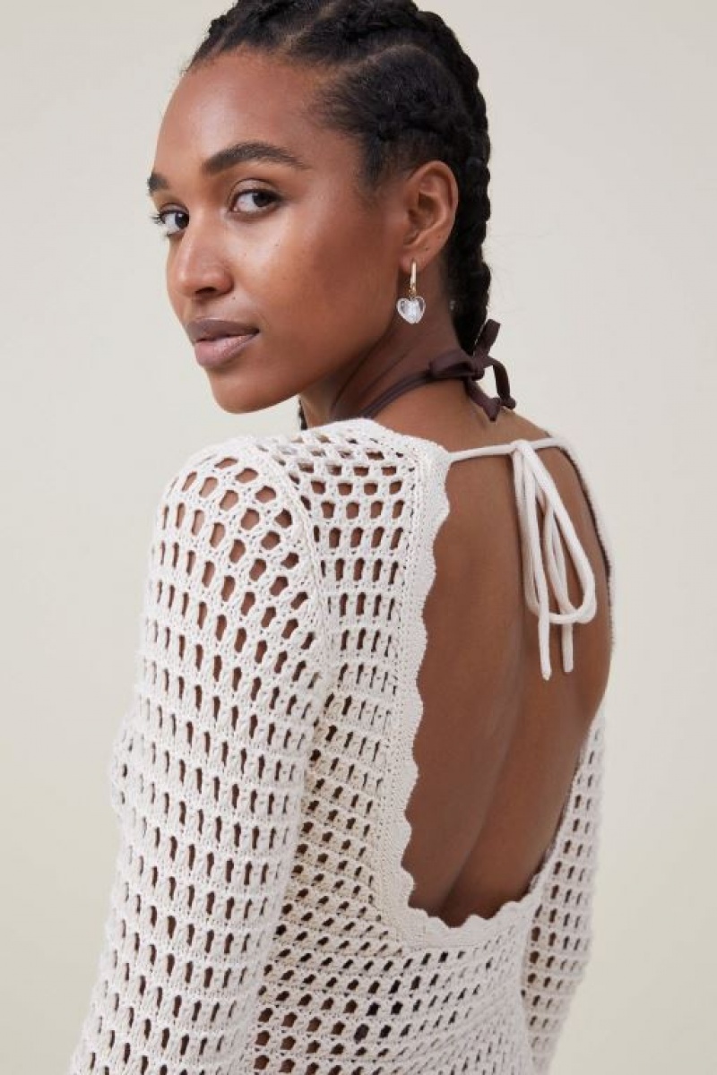 Cotton On Crochet Long Sleeve Women's Mini Dress Ecru | VqLyMcUItY4
