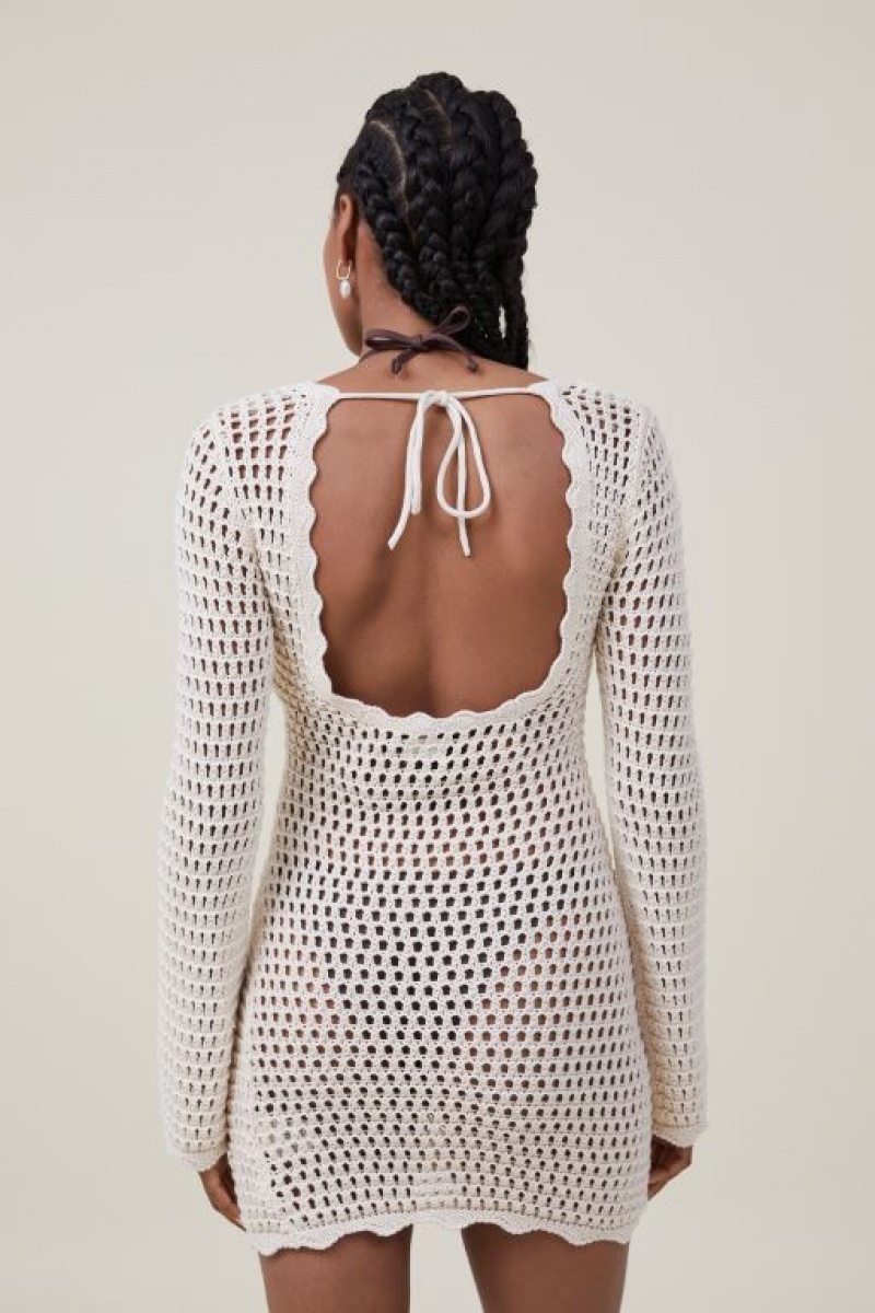 Cotton On Crochet Long Sleeve Women's Mini Dress Ecru | VqLyMcUItY4