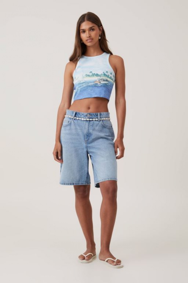 Cotton On Crop Ribbed Graphic Racer Women's Graphic T-Shirts White | 2NosE19zzxu