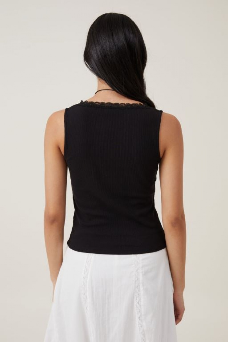 Cotton On Daisy Lace Trim Women's Tanks Black | Fi1NjwTtHXF
