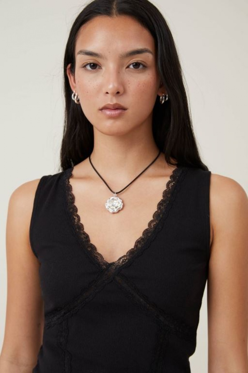 Cotton On Daisy Lace Trim Women's Tanks Black | Fi1NjwTtHXF