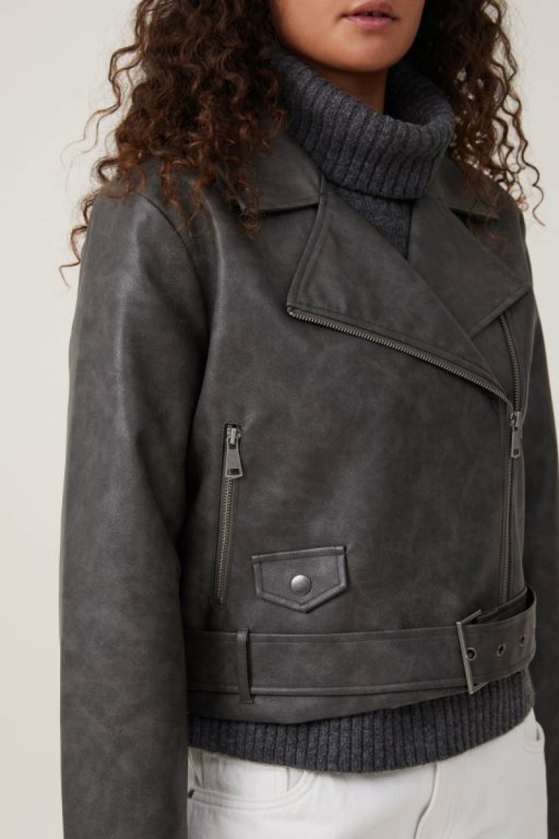 Cotton On Faux Leather Cropped Biker Women's Jackets Black | KcyipmiF360