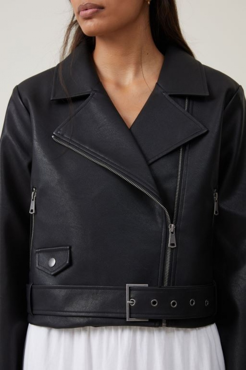 Cotton On Faux Leather Cropped Biker Women's Jackets Black | VQZiTP2WYax