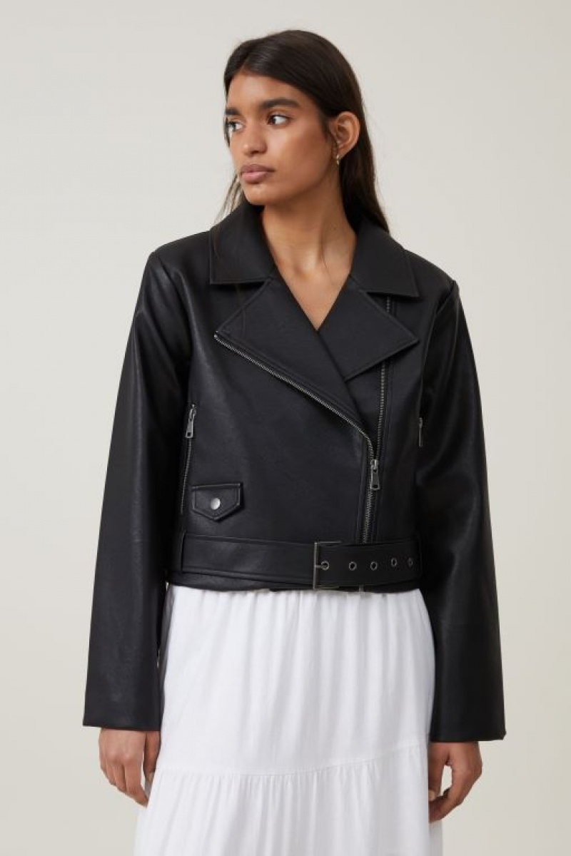 Cotton On Faux Leather Cropped Biker Women\'s Jackets Black | VQZiTP2WYax