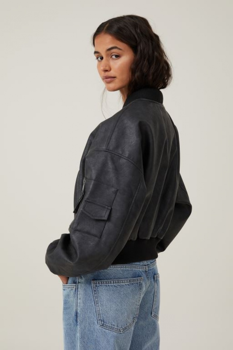Cotton On Faux Leather Cropped Bomber Women's Jackets Black | 4L5wrygILGV