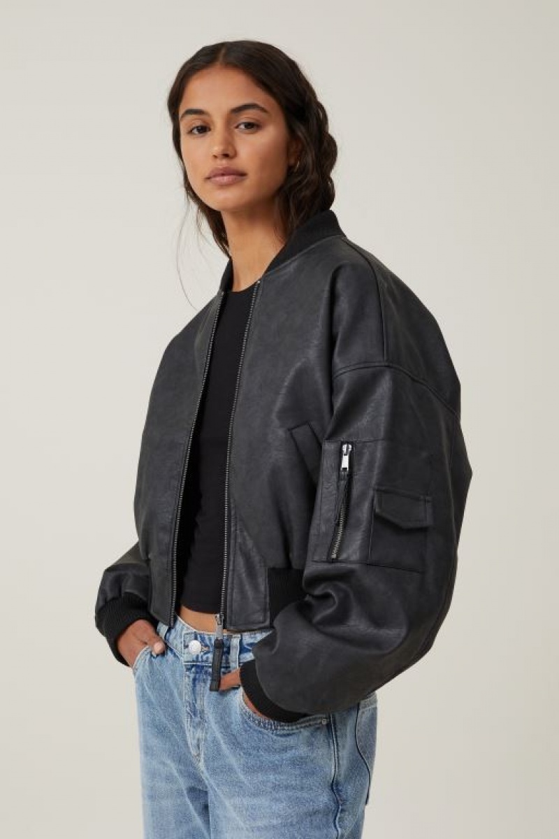 Cotton On Faux Leather Cropped Bomber Women\'s Jackets Black | 4L5wrygILGV