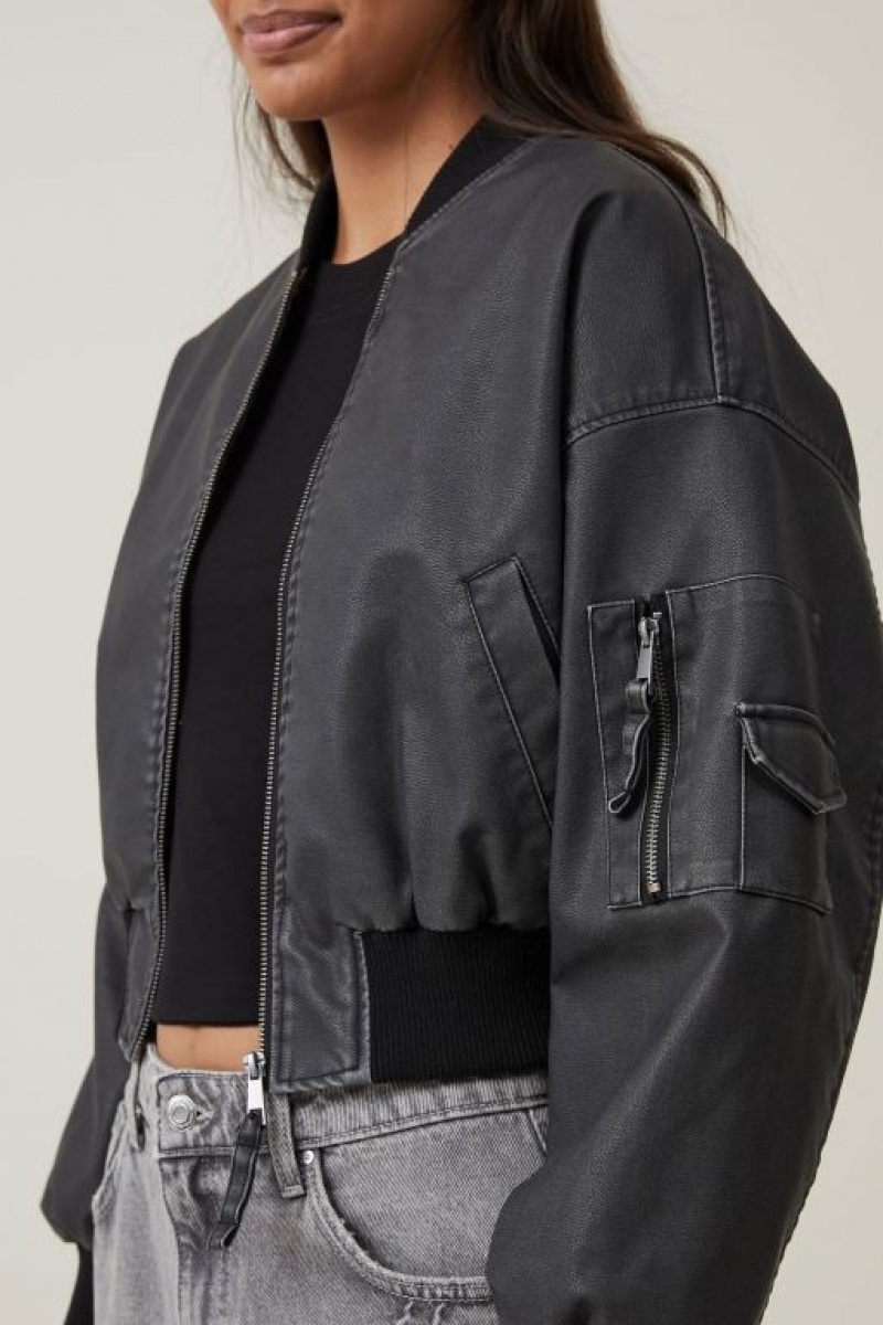 Cotton On Faux Leather Cropped Bomber Women's Jackets Black | jbPTqjBecA6