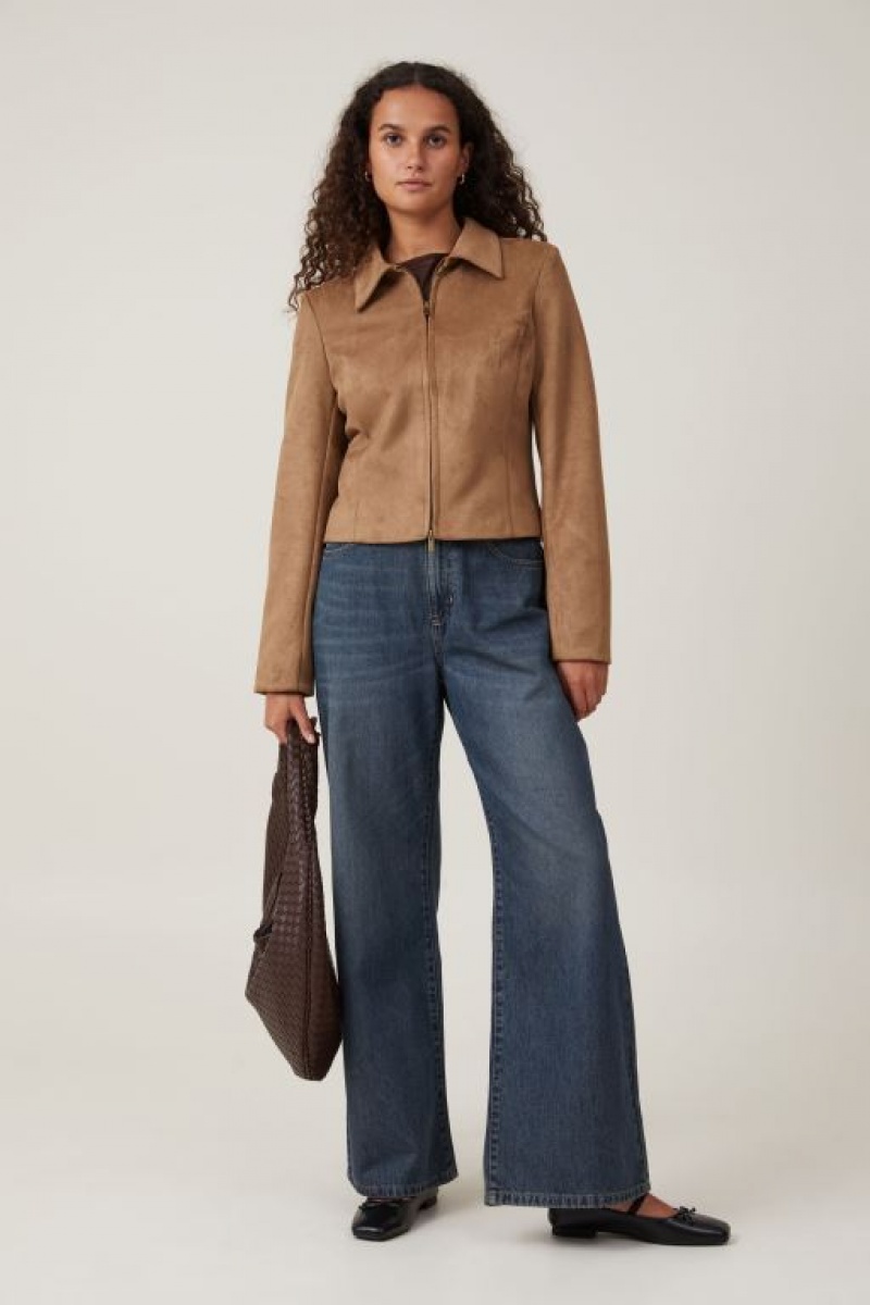 Cotton On Faux Suede Fitted Zip Women's Jackets Brown | A5MyjaAra8S