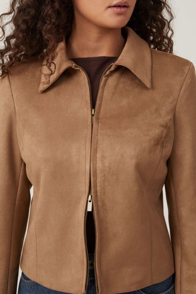 Cotton On Faux Suede Fitted Zip Women's Jackets Brown | A5MyjaAra8S