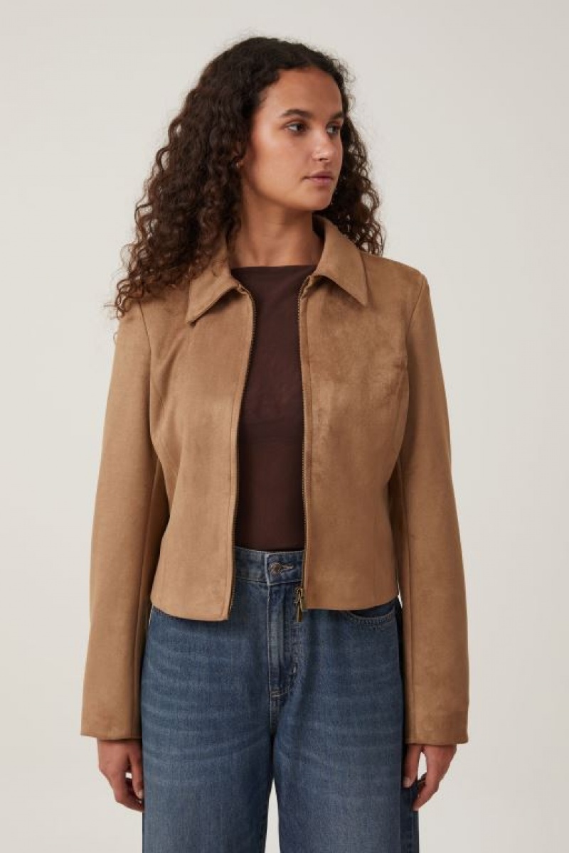 Cotton On Faux Suede Fitted Zip Women\'s Jackets Brown | A5MyjaAra8S