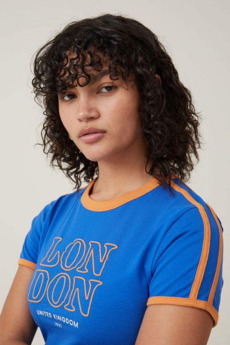 Cotton On Fitted Graphic Longline Women's Graphic T-Shirts Blue | J1YBnpgmGtU