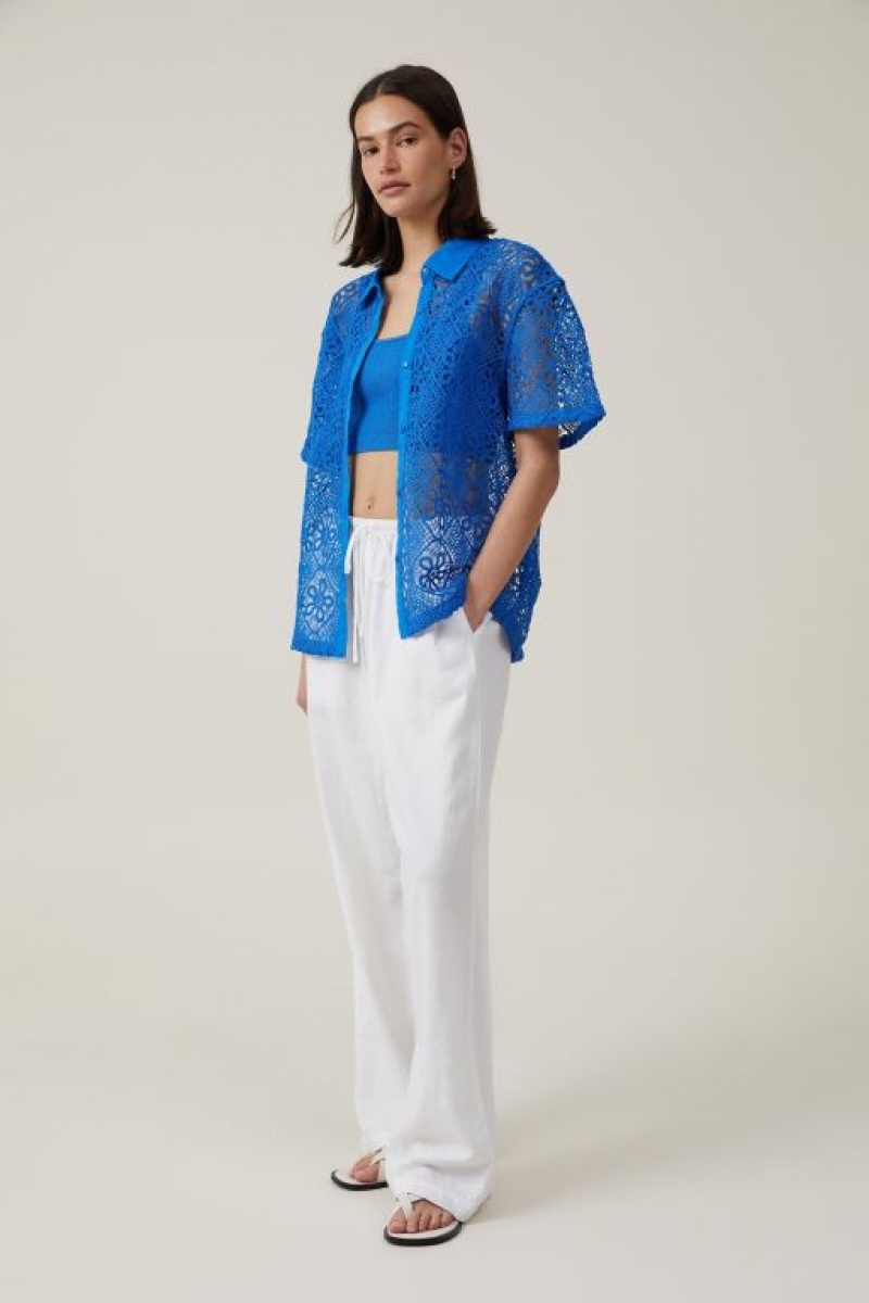 Cotton On Floral Crochet Women's Shirts Blue | xnGrSaNdlgI