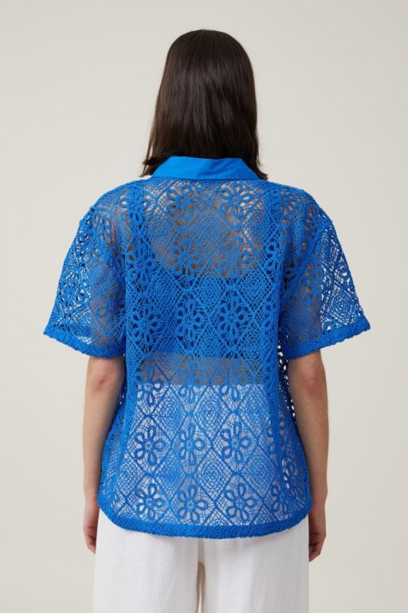 Cotton On Floral Crochet Women's Shirts Blue | xnGrSaNdlgI