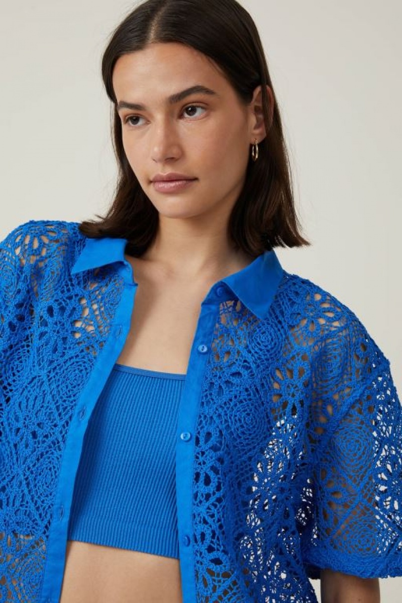 Cotton On Floral Crochet Women's Shirts Blue | xnGrSaNdlgI