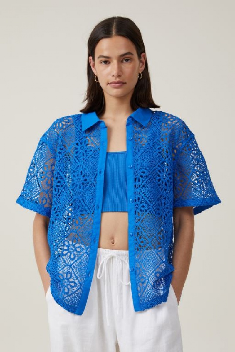 Cotton On Floral Crochet Women\'s Shirts Blue | xnGrSaNdlgI