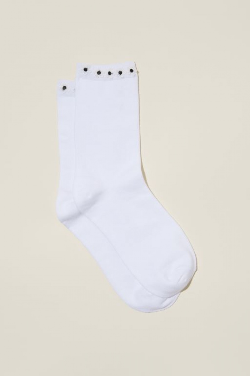 Cotton On Floral Welt Crew Women\'s Socks White / White | dhx6X7IVREu