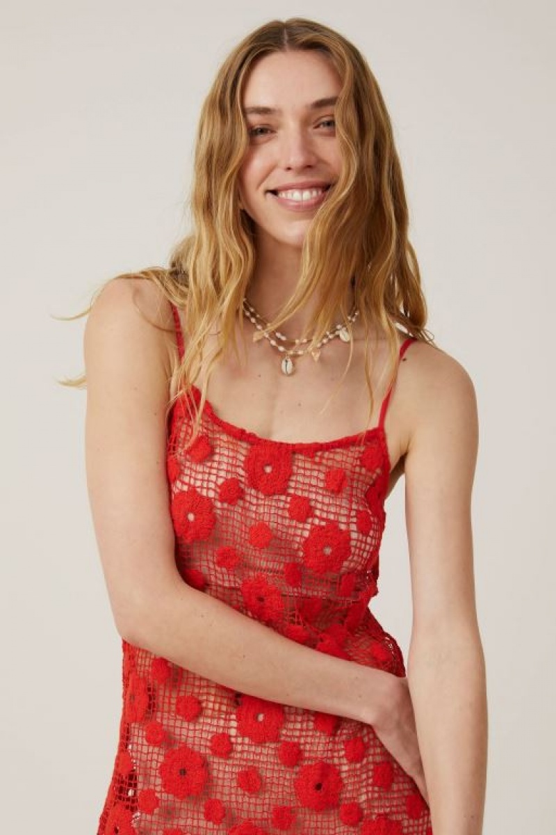 Cotton On Flower Crochet Women's Maxi Dress Red | DIulcgADrkO