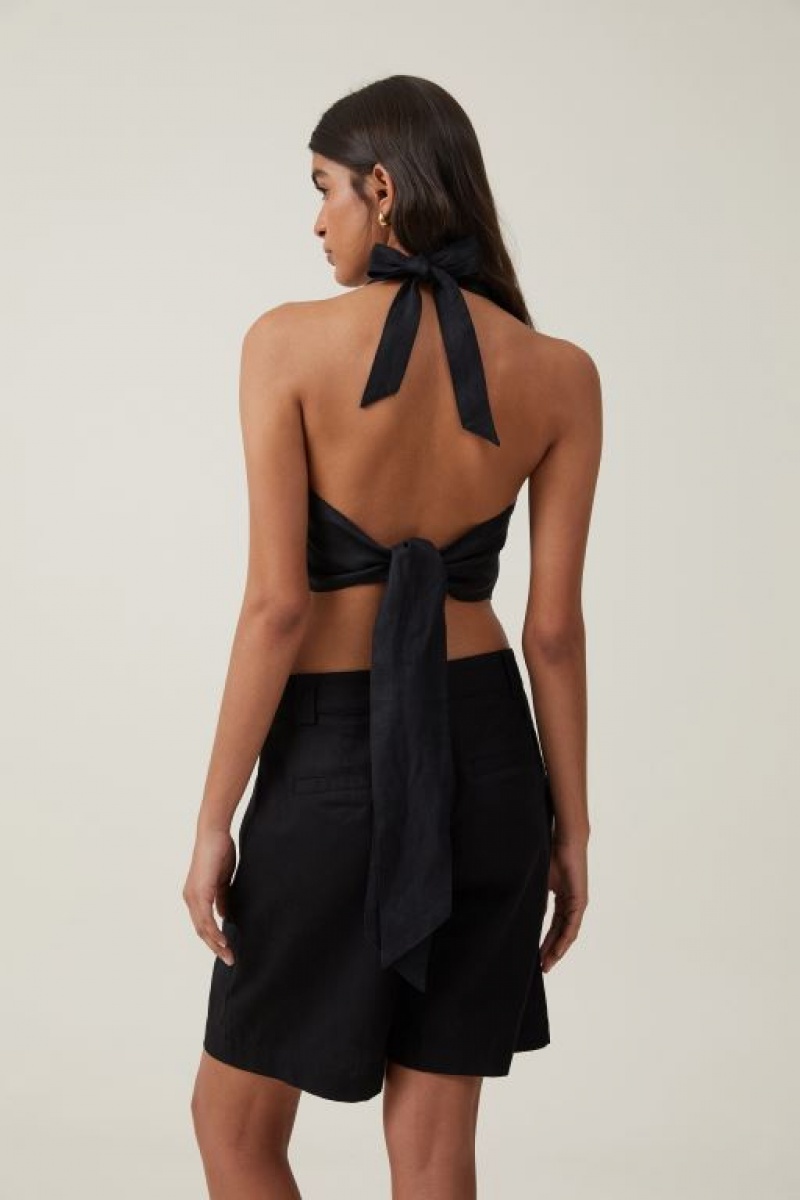 Cotton On Frankie Linen Halter Top Women's Shirts Black | CDGT3KJNDbu
