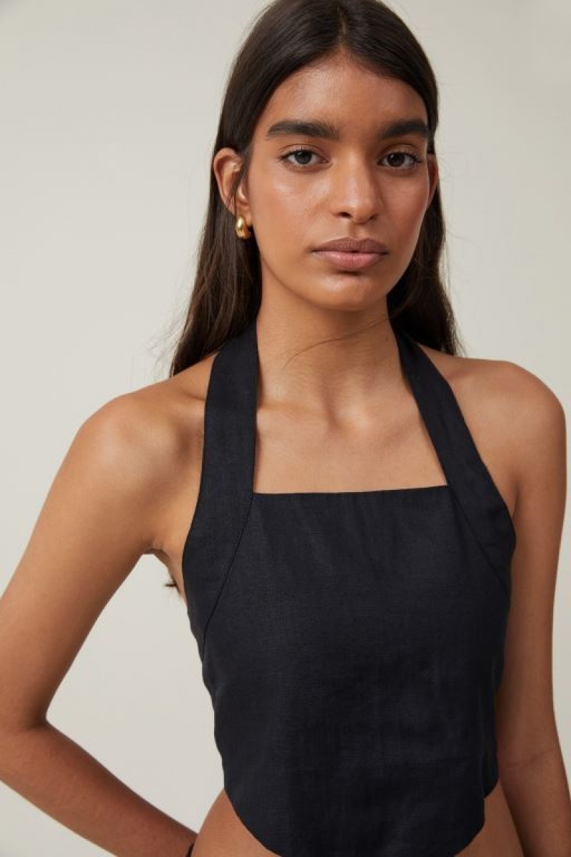Cotton On Frankie Linen Halter Top Women's Shirts Black | CDGT3KJNDbu