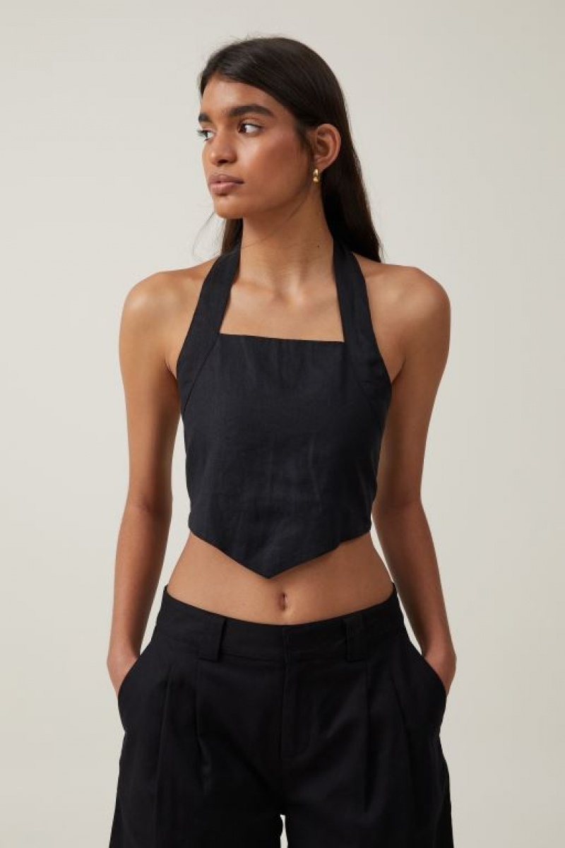Cotton On Frankie Linen Halter Top Women\'s Shirts Black | CDGT3KJNDbu