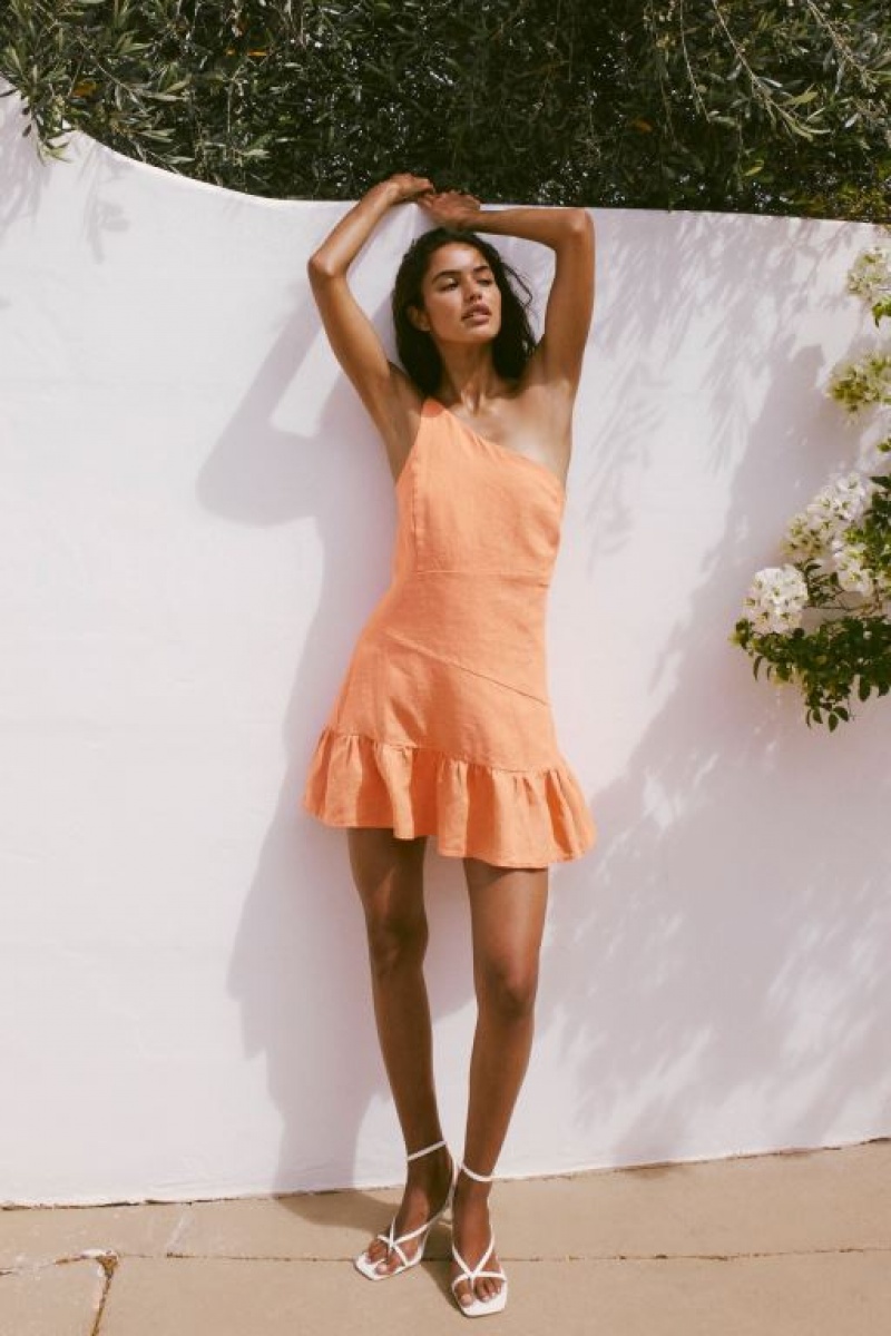 Cotton On Frankie Linen One Shoulder Women's Mini Dress Apricot | GJDiYUW9ZV1