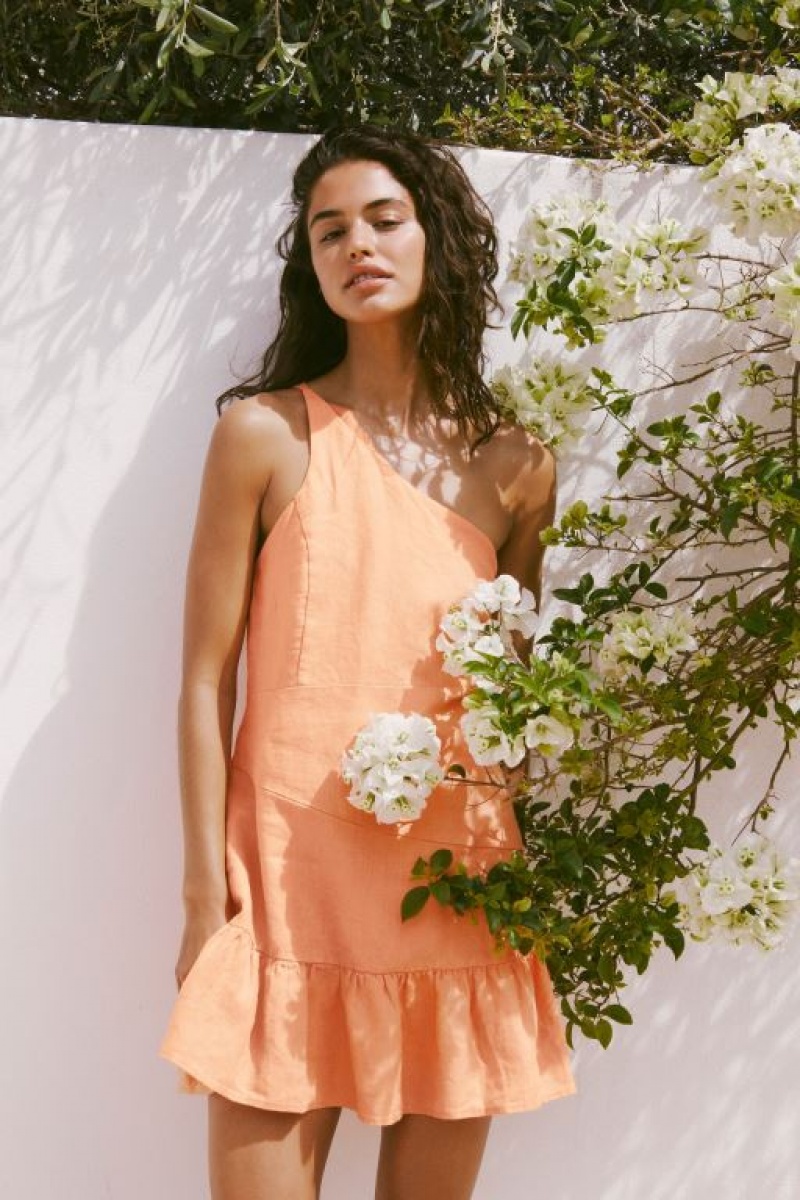 Cotton On Frankie Linen One Shoulder Women's Mini Dress Apricot | GJDiYUW9ZV1