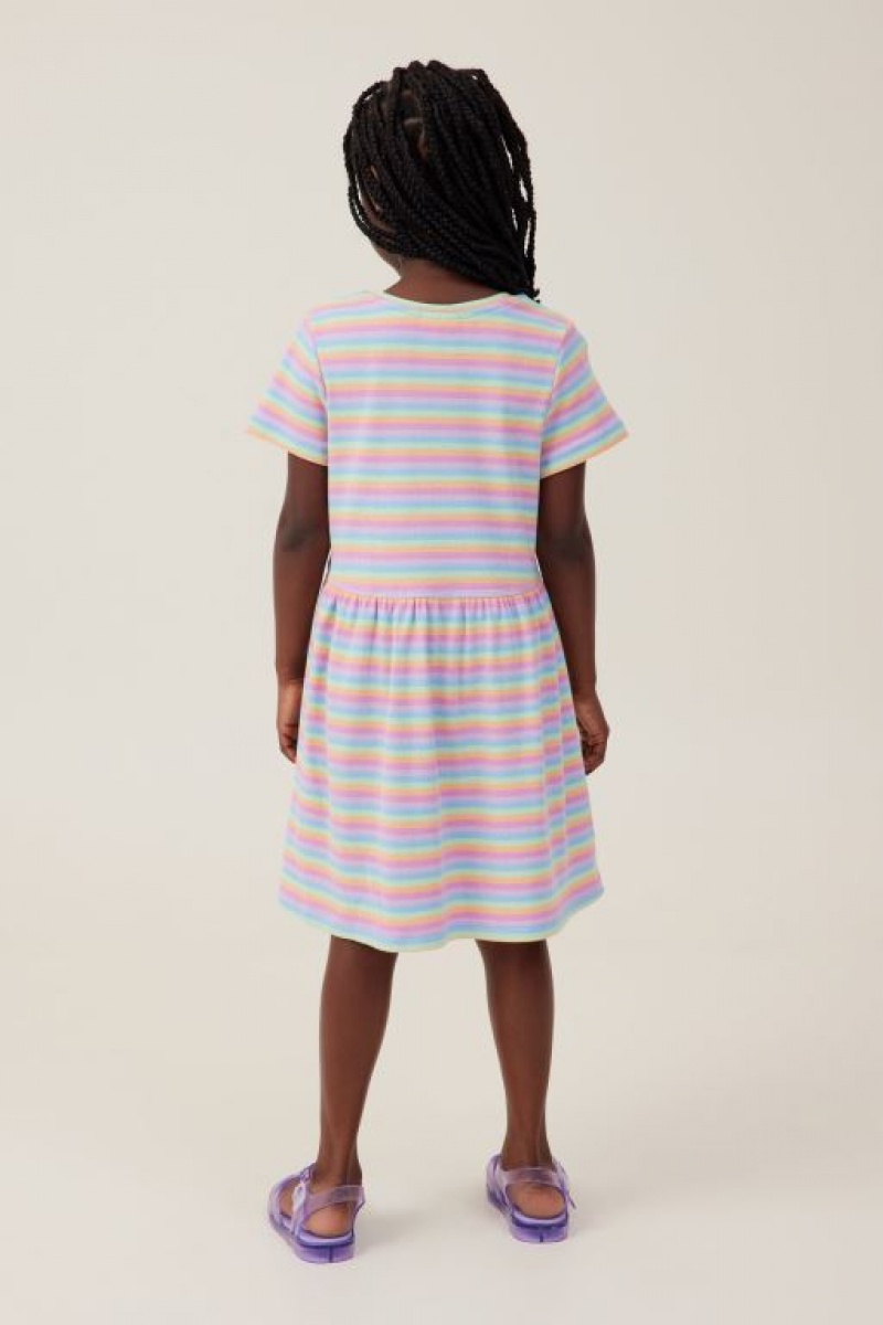 Cotton On Freya Short Sleeve Girls' Dress Multicolor Stripes | HPp7DsiDlXO