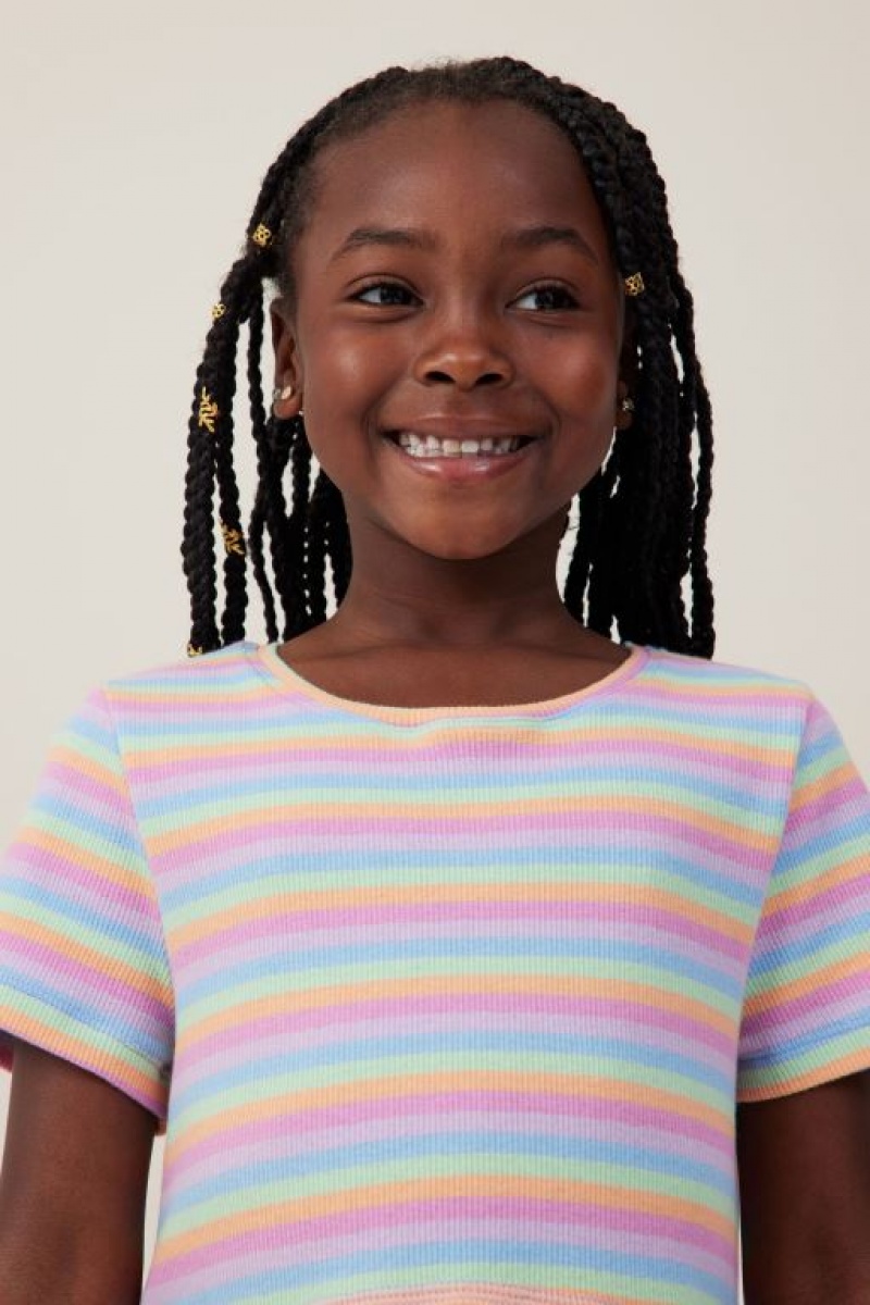 Cotton On Freya Short Sleeve Girls' Dress Multicolor Stripes | HPp7DsiDlXO
