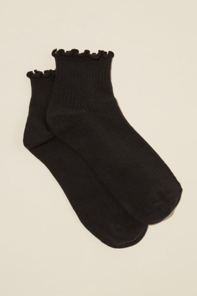 Cotton On Frill Ribbed Ankle Women\'s Socks Black | lC27f9KONG0