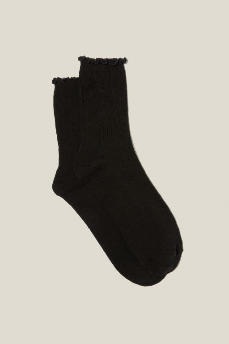 Cotton On Frill Ribbed Crew Women\'s Socks Black | uz6vHieuTa8