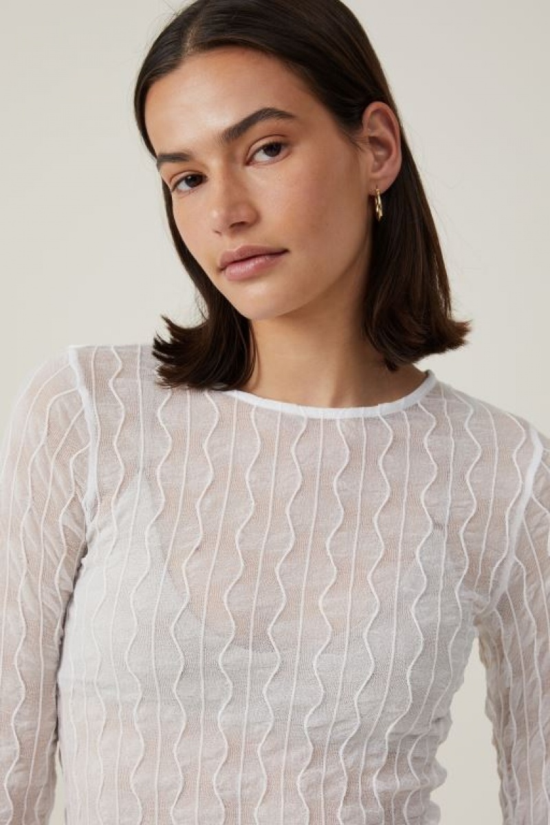 Cotton On Halle Textured Mesh Crew Neck Top Women's Long Sleeve White | kf6EIBomImj