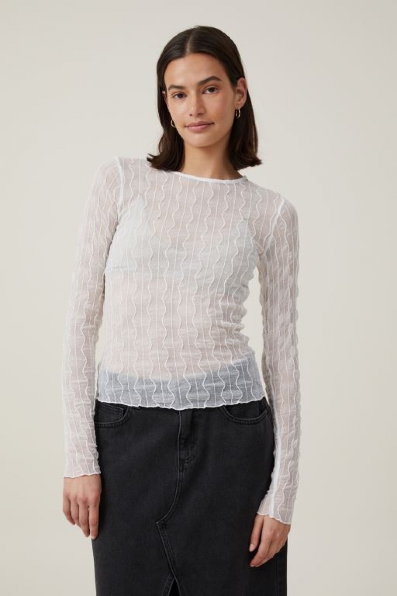 Cotton On Halle Textured Mesh Crew Neck Top Women\'s Long Sleeve White | kf6EIBomImj