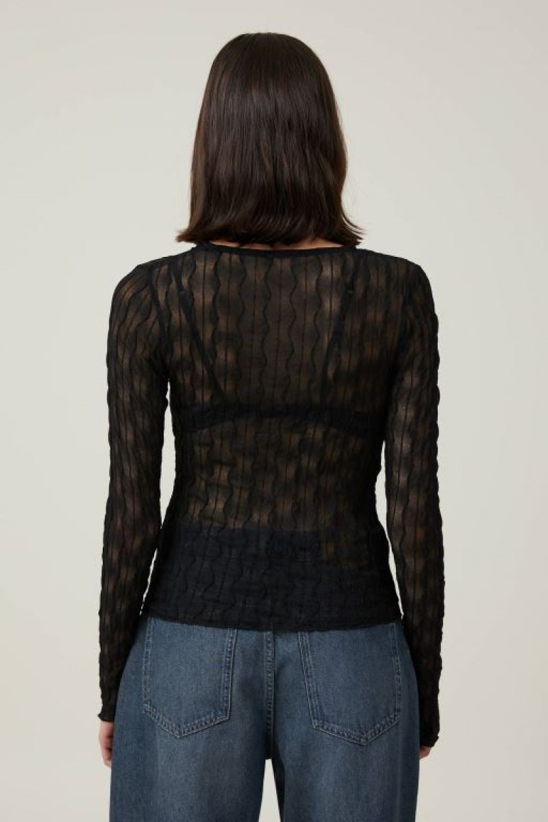 Cotton On Halle Textured Mesh Crew Neck Top Women's Long Sleeve Black | 6IPQ6MU35fc