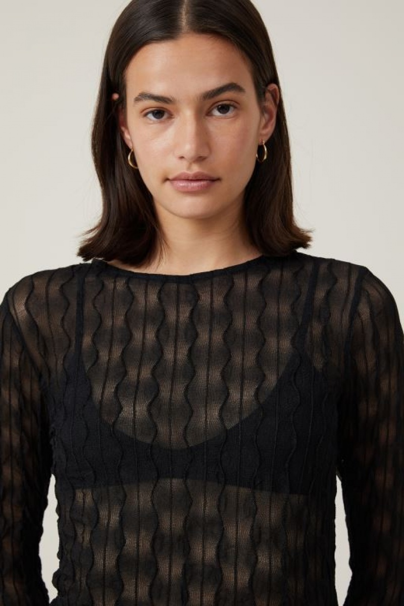 Cotton On Halle Textured Mesh Crew Neck Top Women's Long Sleeve Black | 6IPQ6MU35fc