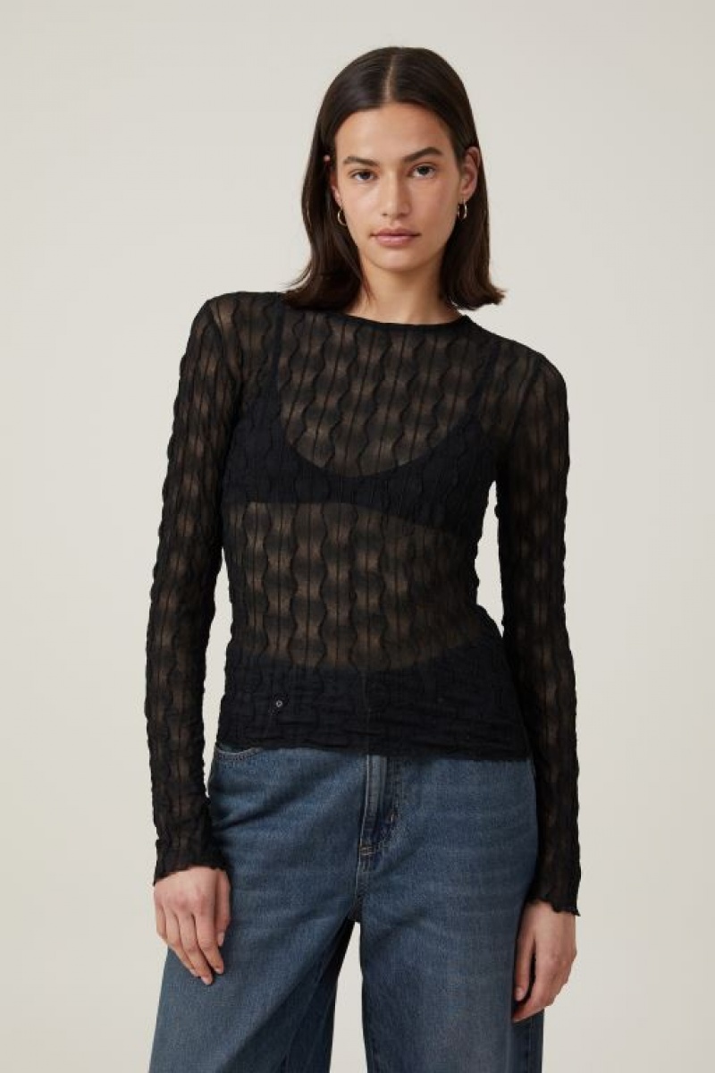 Cotton On Halle Textured Mesh Crew Neck Top Women\'s Long Sleeve Black | 6IPQ6MU35fc