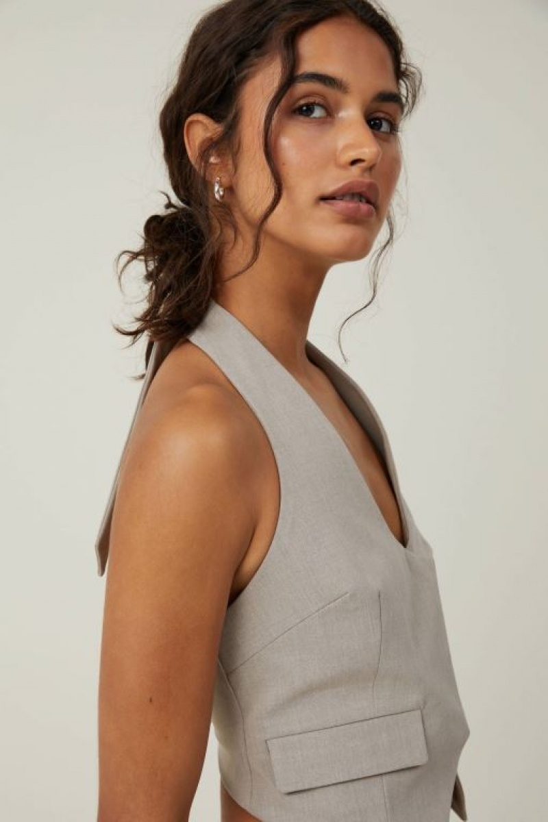Cotton On Harper Suiting Halter Vest Women's Shirts Grey Brown | rcsve5ExvjP