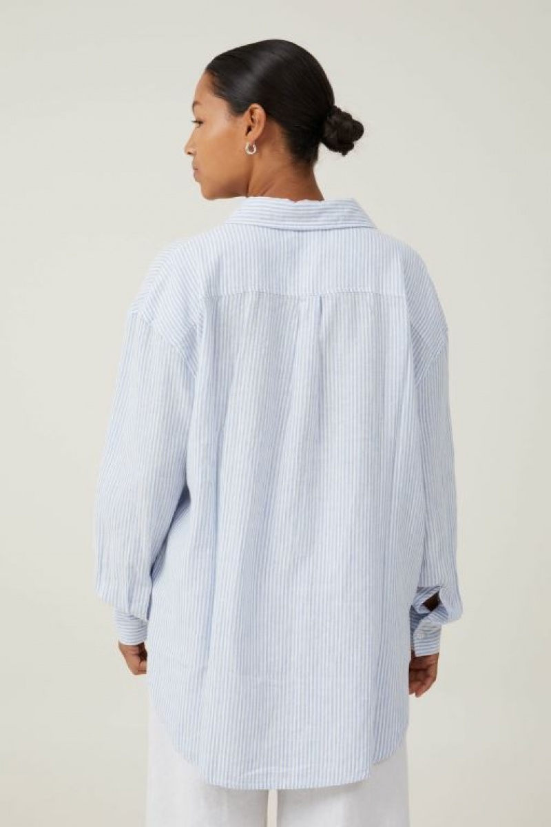 Cotton On Haven Long Sleeve Women's Shirts Stripes Blue | 3ts2hwT47l4