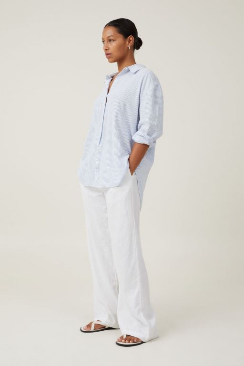 Cotton On Haven Long Sleeve Women's Shirts Stripes Blue | 3ts2hwT47l4