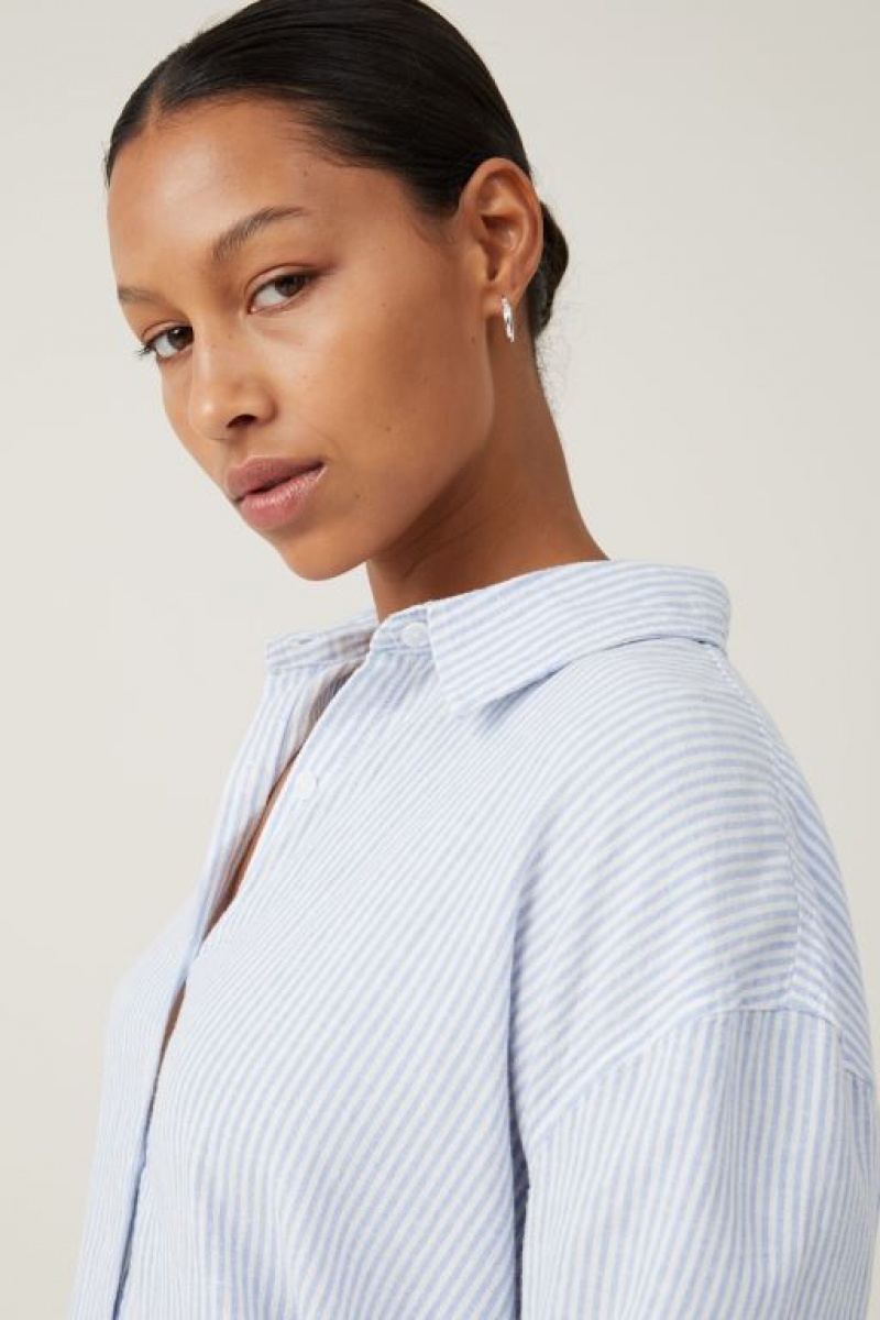 Cotton On Haven Long Sleeve Women's Shirts Stripes Blue | 3ts2hwT47l4
