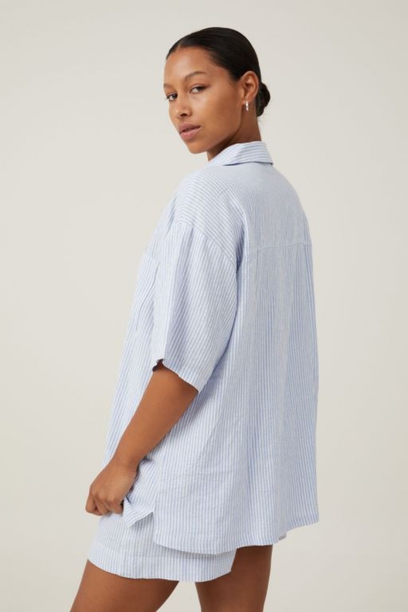 Cotton On Haven Short Sleeve Women's Shirts Stripes Blue | xYLEMFWk7yS