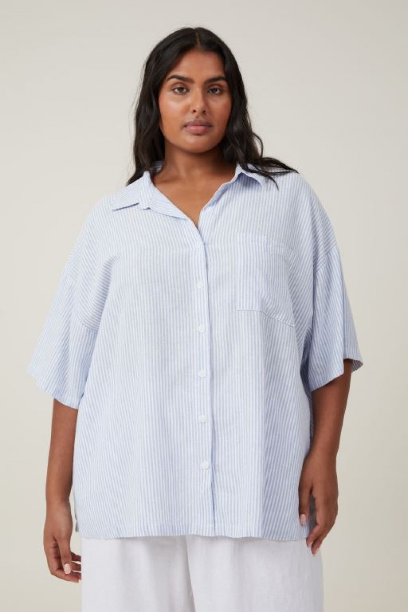 Cotton On Haven Short Sleeve Women's Shirts Stripes Blue | xYLEMFWk7yS