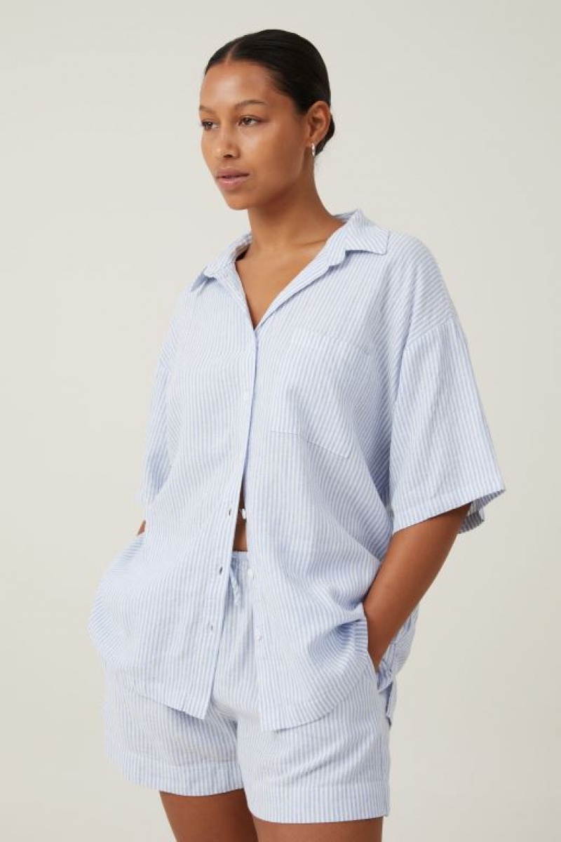 Cotton On Haven Short Sleeve Women\'s Shirts Stripes Blue | xYLEMFWk7yS