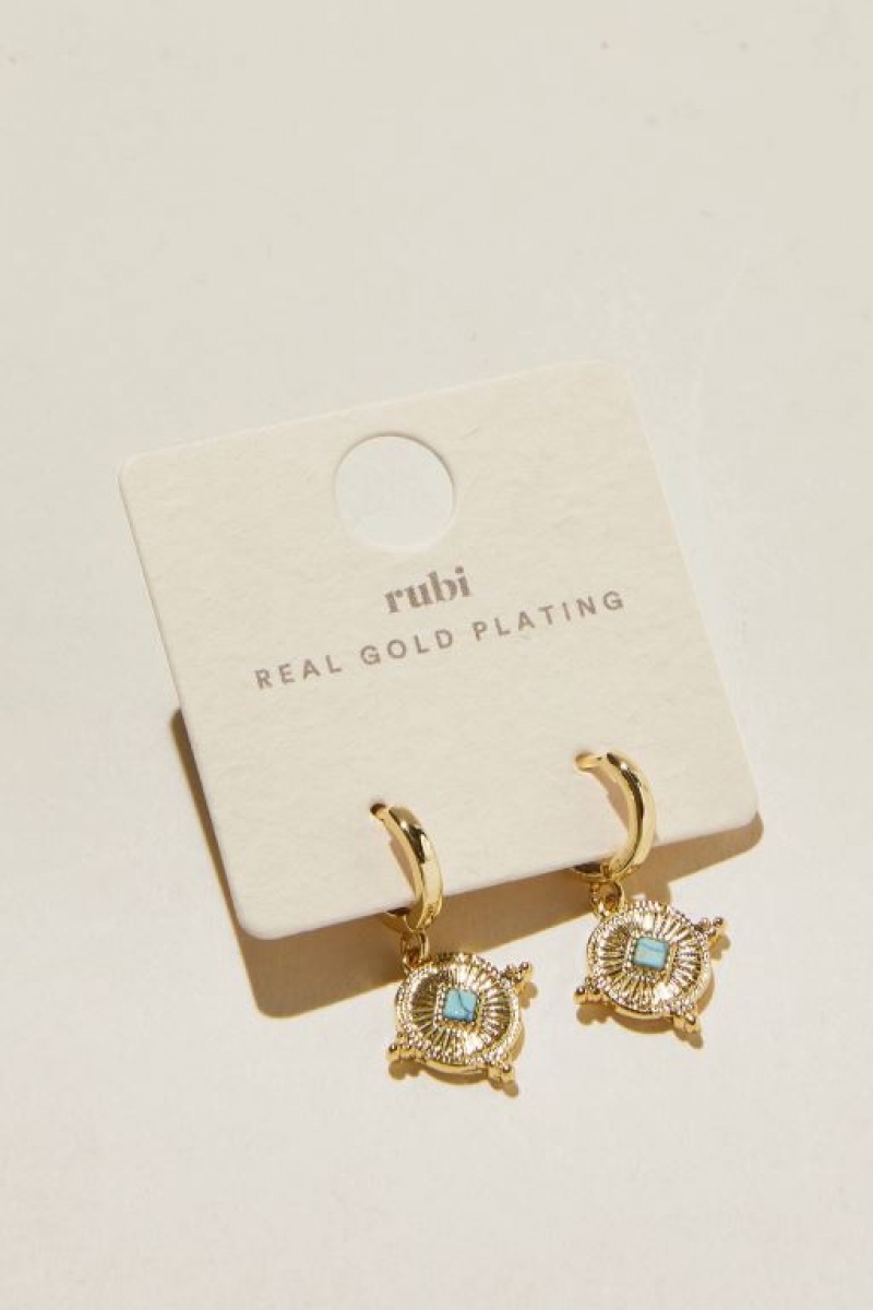 Cotton On Huggie Hoop Earring Women's Jewellery Gold Turquoise | auQwbcunCjl