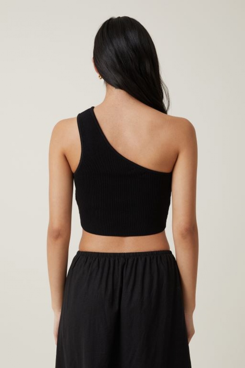 Cotton On Jacquard One Shoulder Women's Tanks Black | sMCnnIAdZYr