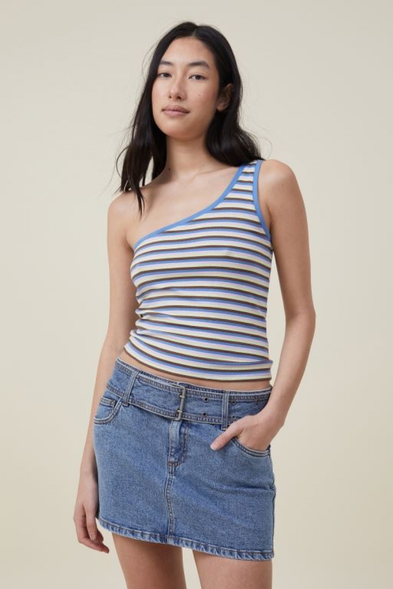 Cotton On Jamie One Shoulder Women\'s Cami Stripes Light Green Flower Blue | afBwVqNDrOb