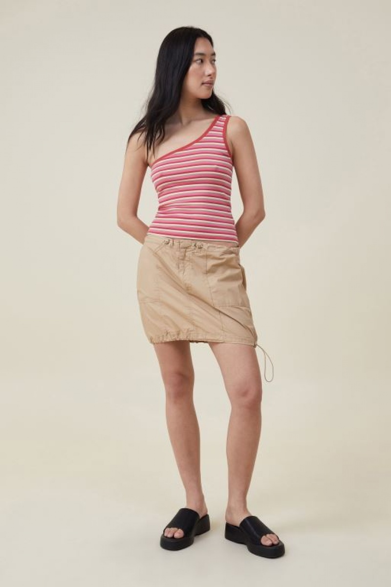 Cotton On Jamie One Shoulder Women's Cami Stripes Red Brown | h62YTRH3XF4
