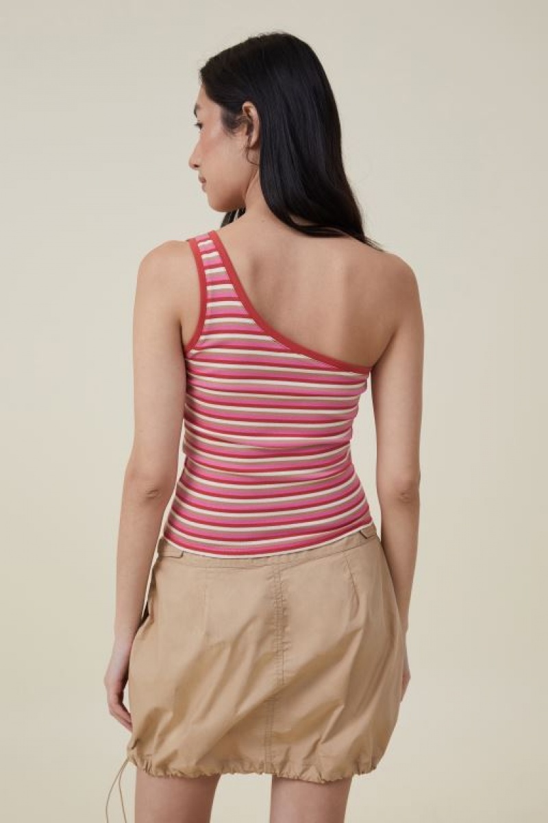 Cotton On Jamie One Shoulder Women's Cami Stripes Red Brown | h62YTRH3XF4