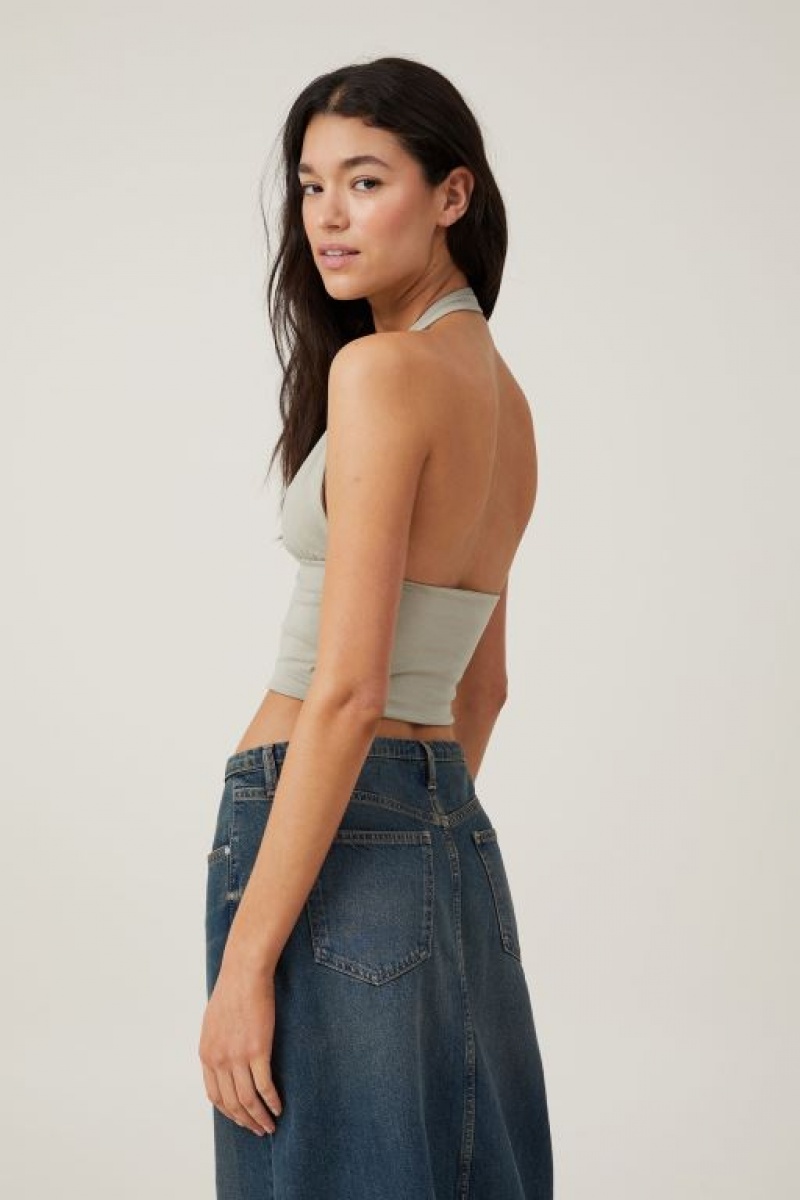 Cotton On Jessica V Neck Halter Women's Tanks Olive | VfxlUVtliKZ
