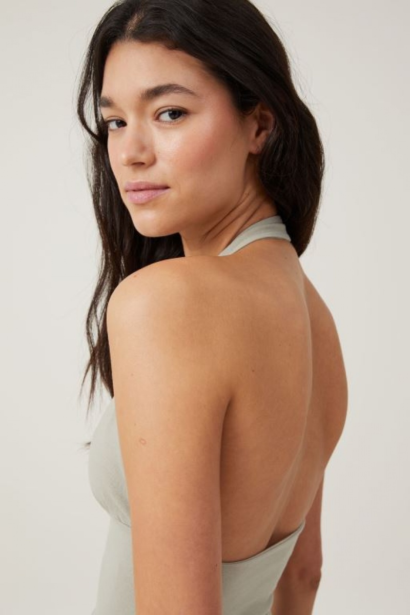 Cotton On Jessica V Neck Halter Women's Tanks Olive | VfxlUVtliKZ