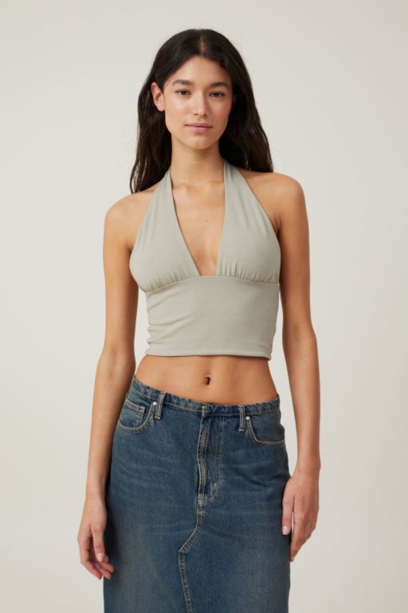 Cotton On Jessica V Neck Halter Women\'s Tanks Olive | VfxlUVtliKZ
